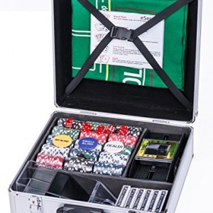 Esecure :Magnifique Set de Poker de qualité de 600 pièces composé de 5 dés, 6 jeux de cartes, un brasseur de carte blocable, ainsi que d'un tapis réversible GRATUIT pour Poker et Black jack.